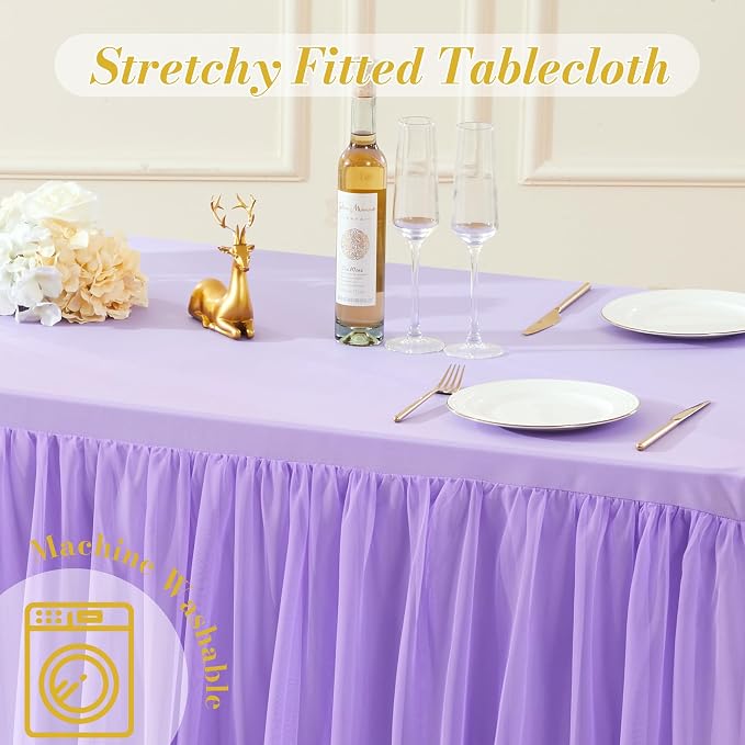 2 Pack Lavender Table Cloth for 6 Foot Rectangle Tables, Stretch Fitted Tulle Table Covers Skirt, Rectangular Ruffle Tutu Tablecloth Wedding Banquet Baby Shower Cake Tablecloths Decorations