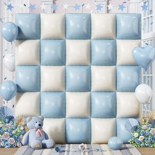Baby Blue White Square Foil Balloons Wall, 25PCS Dusty Blue and Pastel Cream Square Balloons Backdrop, Double Sided Tunnel Arch Background for Boho Baby Shower Boys Men Birthdays Wedding Bridal
