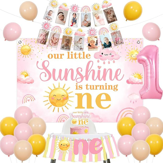 JOYMEMO Our Little Sunshine Is Turning One Decorations Girl, 1st Birthday Photo Banner with Backdrop Cake Topper Foil Balloon Highchair Banner and Balloons, Pink Yellow Sunshine Party Supplies