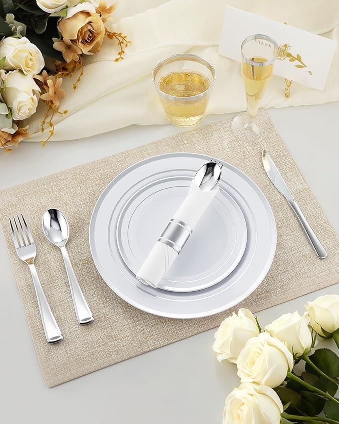 Goodluck 320 PCS Silver Disposable Plastic Dinnerware Set for 40 Guests, Include 40 Dinner Plates, 40 Dessert Plates, 40 Napkins with Silverware, 40 Cups, 40 Champagne Glasses, for Christmas, Wedding