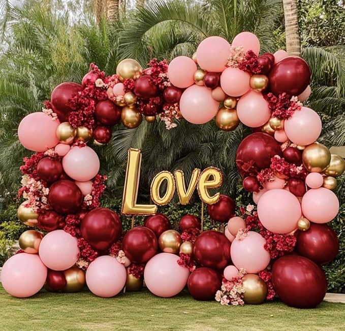 Burgundy Balloons Double Stuffed Wine Red Rose Red Balloon Arch Kit Maroon Garland Different Size For Wedding Birthday Baby Shower Anniversary Wine Party Decorations