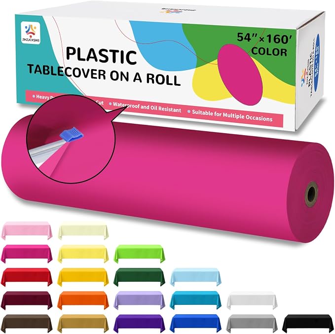 54IN X 160FT Plastic Table Cover Roll with Cutter Box, Cut to Size Plastic Table Cloths for Parties, Birthday, Disposable Tablecloth Roll for All Shape Tables (Fuchsia, 54 Inch X 160 Feet)