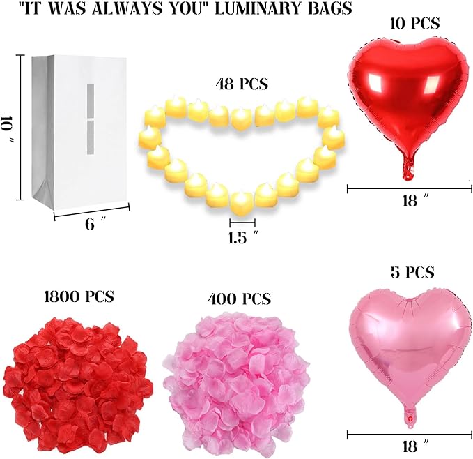 It Was Always You Lighted Letters Sign 8pcs Luminary Paper Bags 2000pcs Red Pink Artificial Rose Petals 48pcs Flameless LED Candle Tealight 10pcs Heart Balloons Romantic Night Valentine's Day Decor