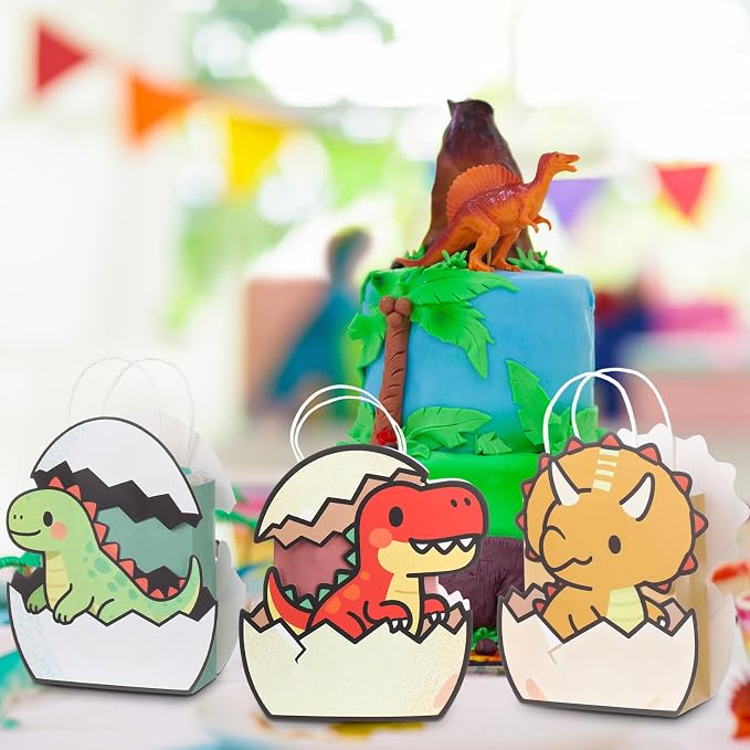 Tosstuki 24 Pcs Dinosaur Party Favor Bags 3D Dinosaur Birthday Gift Goodie Bags with Handles Little Dino Treat Paper Bag for Candy Dino Themed Birthday Party Decorations Supplies