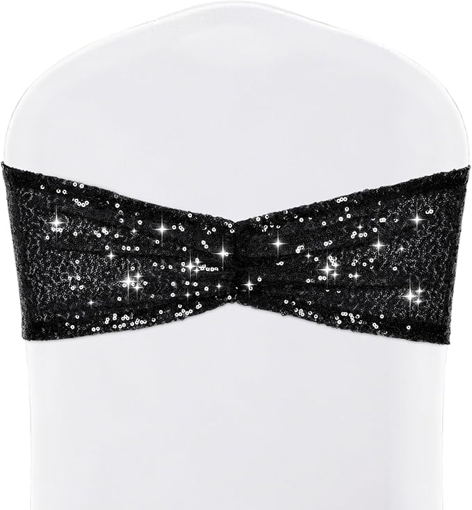 SquarePie Black Sequin Chair Sashes Bows 120 Pack Glitter Chair Covers Bands for Wedding Banquet Birthday Party Event Decor