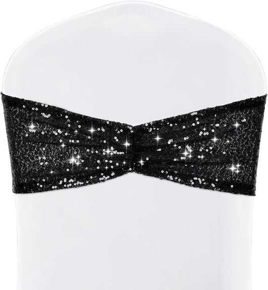 SquarePie Pack of 50 Sequin Chair Sashes Glitter Black Bows Bands for Wedding Banquet Party Decor