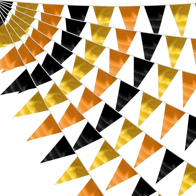 40M/130FT Black Gold Orange Triangle Pennant Banner Flag Metallic Fabric Bunting Garland for Christmas Wall Hanging,Graduation Decorations, New Years Decorations,Father' Da