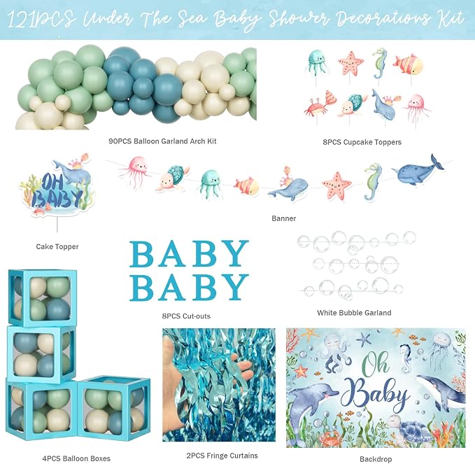 Under The Sea Baby Shower Decorations – 121Pcs Ocean Theme Party Supplies with Underwater Party Decor Backdrop, Blue Green Balloon Garland, Banner, Fringe Curtain, Boxes