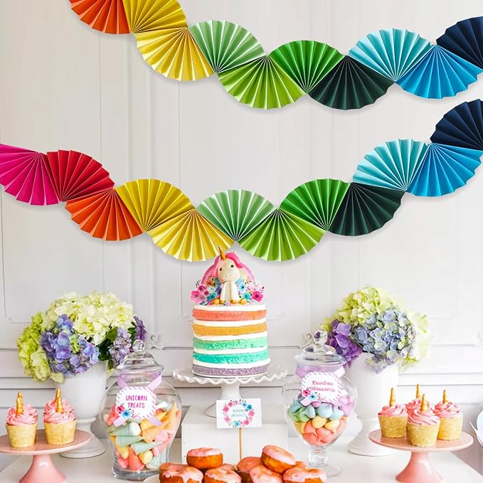 3 Pack Wedding Paper Fans Garland 15.6ft Colorful Background Ceiling Hanging Decorations Set for Birthday Party Supplies 3D Bachelorette Party Decorations (Rainbow)