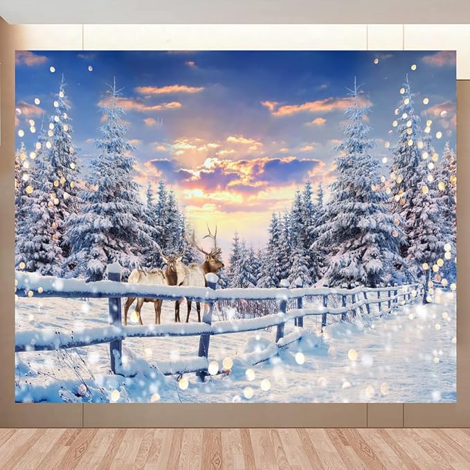 Winter Wonderland Christmas Backdrop 12x10ft for Photography Forest Reindeer Snow Winter Scene Backdrop for Pictures Christmas Party Holiday Background Decorations Photo Booth