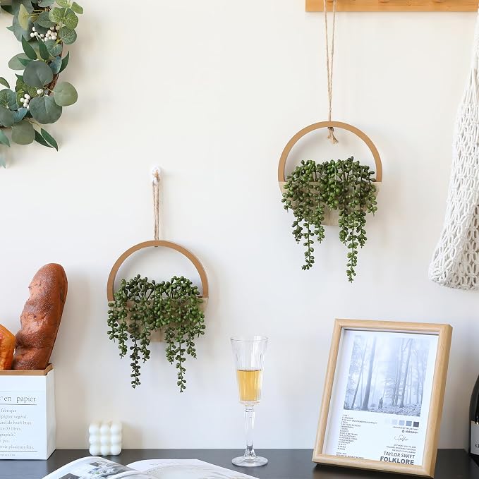 Floweroyal 2pcs Artificial Succulents Hanging Plants 20.1'' Fake String of Pearls in Pot with 9.4'' Lanyard for Indoor Outdoor Wall Decor（Wood Color）