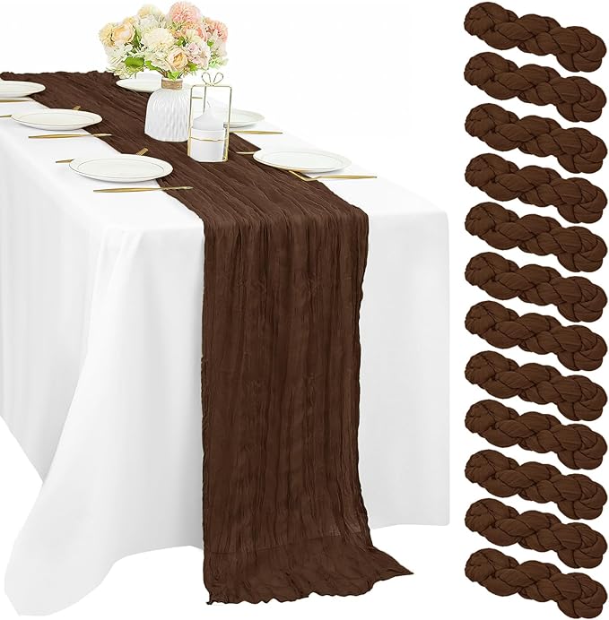 12 Pcs Cheesecloth Table Runner 10FT Brown Runner for Tables Gauze Fabric 35 x 120 Inches Long Boho Table Runner Decor Rustic Sheer Runner for Wedding Birthday Bridal Shower Party (Brown)