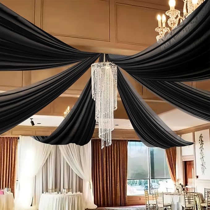 DUOBAO Black Chiffon Sheer Wedding Backdrop Curtains 5x20 FT - 4 Panels Tulle Drapes Fabric Arch Drapery, Photography Background with Rod Pocket for Stage Tent Canopy, Birthday Arch Drapery