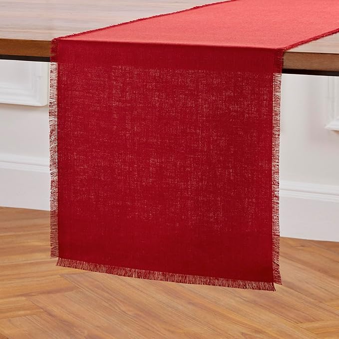 Solino Home Fringe Linen Table Runner 36 Inches - 100% Pure Linen Cherry Red Table Runner 14 x 36 Inch Ideal for Dresser and Coffee Tables - Mothers Day
