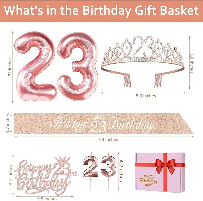 23rd Birthday Decorations for Women, Include 23rd Birthday Sash and Tiara, Cake Topper and Candles, Number Balloons, 23 Year Old Gifts for Women
