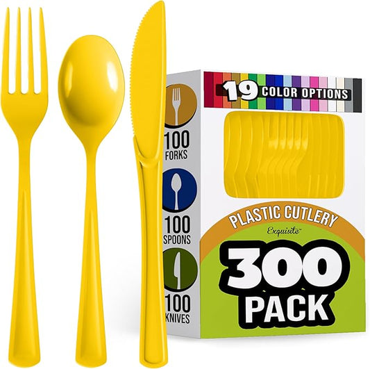 Party Solids Yellow Plastic Silverware Heavy Duty 300 Pieces Yellow Disposable Silverware Heavy Duty, Utensil Sets, 100 Of Each Forks, Knives & Spoons Disposable Cutlery Set For Party Supplies