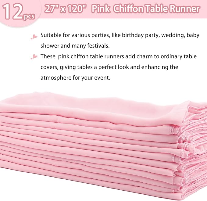 Fivenl 12 Packs Chiffon Table Runner - 27 x 120 Inches Sheer, Romantic for Wedding, Birthday, Party & Baby Shower Decoration (27" x 120", Pink)