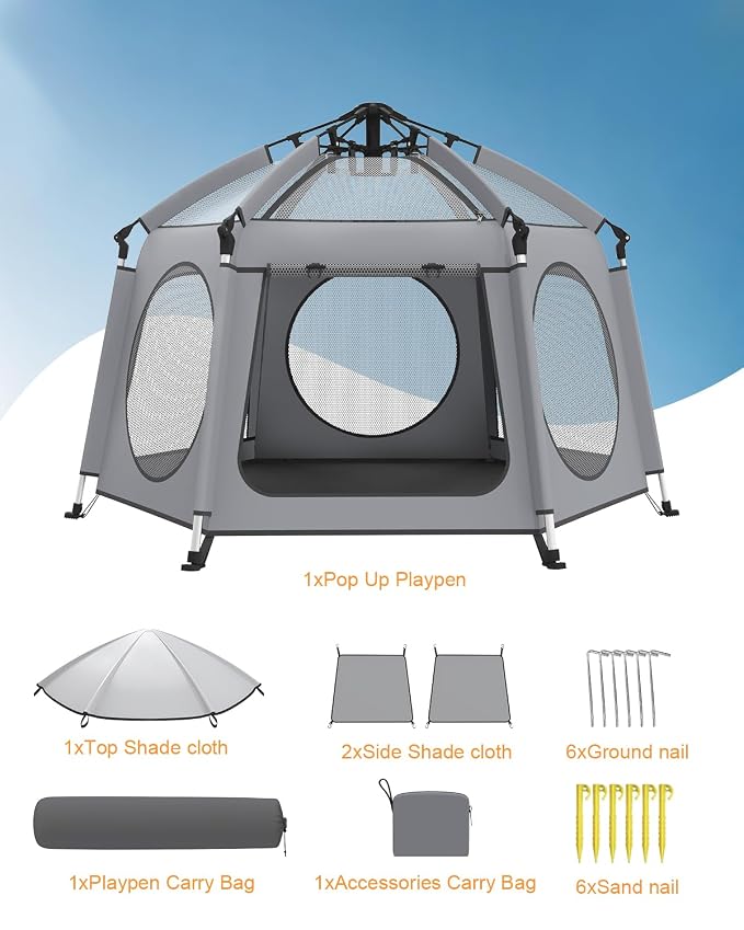 Pop Up Baby Play Pen with Auto-Lock & Aluminum Frame | Instant Setup Portable & Foldable Playpen with Carry Bag, Outdoor Baby Tent with Canopy for Beach, Backyard, Travel & Camping