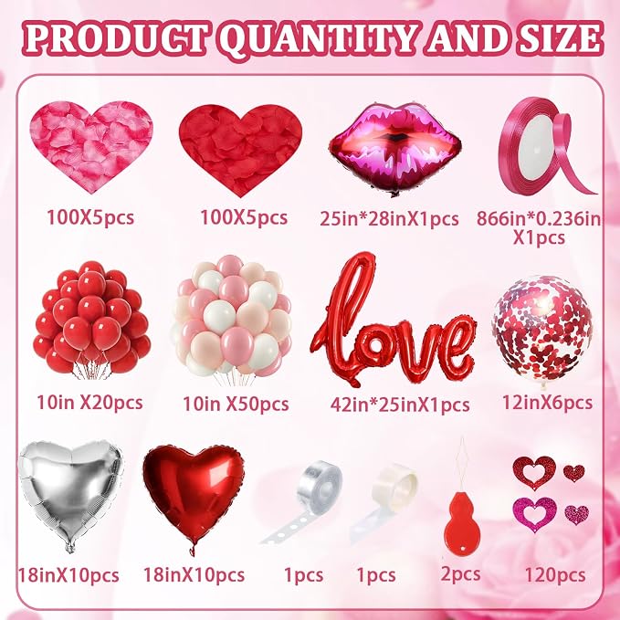 Wedding Anniversary & Valentine’s Day Heart Balloon Set- 200+Pcsred balloons heart balloons, Rose Petals, Metallic Love Letters, Hearts for Anniversary, Wedding, Proposal, Party Decor