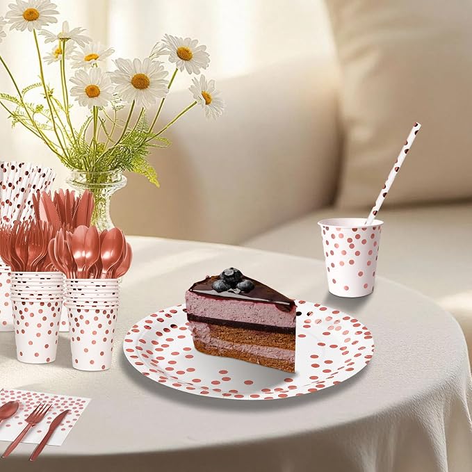 Nkaiso 193 Pcs Rose Gold Paper Plates and Napkins Party Supplies Sets Include White Party Plate Cup Napkin Plastic Cutlery for Baby Shower, Wedding, Birthday Decoration -24 Guest