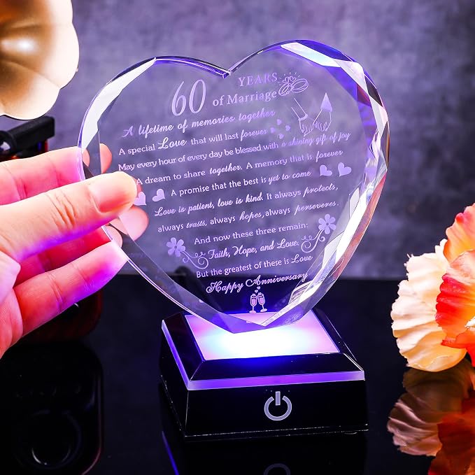 60th Wedding Anniversary Crystal Gifts for Parents Couples with LED Base Heart Happy 60th Anniversary Keepsake Gift for Husband Wife 60 Years of Marriage Gifts for Her Him