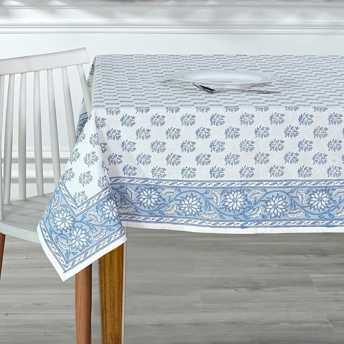 Ridhi Sky Beau Blue Hand Block Print Cotton Rectangle Tablecloth 190" x 72" inches Reusable Table Cover Decorative Everyday Use for Dining Room, Farmhouse, Home Gift for Spring, Mother's Day