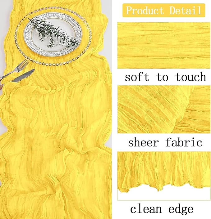 6 Pack Lemon Yellow Cheesecloth Table Runner 20 x 120 inch Gauze Table Runners 10 FT Long,Semi Sheer Boho Cheese Cloth Fabric Table Runner Bulk for Party,Wedding,Baby Shower,Bridal Shower Decoration