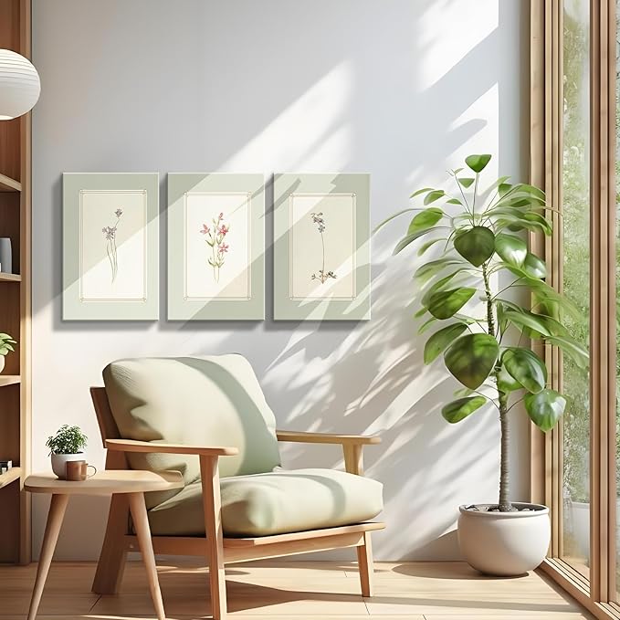 3pcs Framed Simple Vintage Floral Botanical Flower Wall Art Decor Canvas Print Natural Plant Artwork Wall Painting Poster Gallery Bedroom Living Room Office Decor 16x24 Inch Ready to Hang