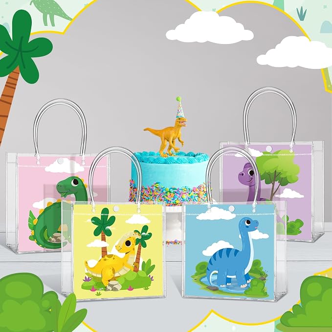 Teenyyou 24 Pcs Dinosaur Clear Gift Bags with Handles Cute Dinosaur Party Favor Candy Snack Treat Bags for Birthday Baby Shower Dino Theme Party Supplies