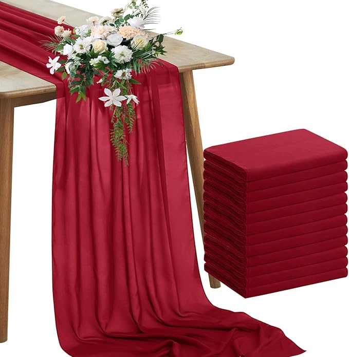 Horbaunal 12 Pack Burgundy Chiffon Table Runners 10FT Sheer Chiffon Runner 29x120 Inches Romantic Boho Rustic Table Runner for Wedding Party Bridal Baby Shower Table Decorations
