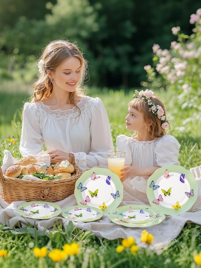 WDF 20PCS Green Butterfly Plates - Baroque Spring Plates Disposable - Butterfly Party Decorations for Birthdays/Tea Party/Bridal Shower/Mother's Day