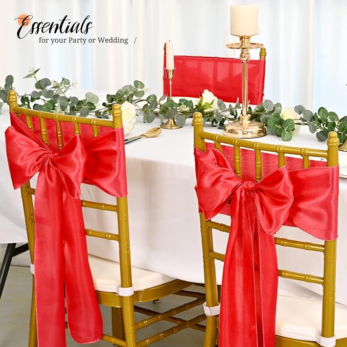 Pesonlook 60 PCS Red Satin Chair Sashes Bows Satin Chair Sashes Universal Chair Cover for Wedding Reception Restaurant Event Decoration Banquet,Party,Hotel Event Decorations (7 x 108 inch)