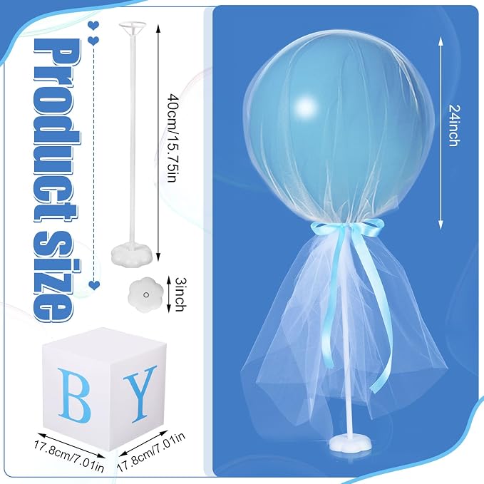 Wettarn 4 Set Blue Boy Baby Shower Table Centerpiece Decor 24'' Tulle Tutu Balloon with Letter Boxes Gender Reveal Centerpiece Balloon with White Tulle Cover, Stand, Boxes for Girl Boy Birthday Party