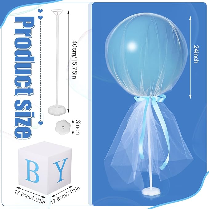 Wettarn 24" Tulle Tutu Balloon with Letter Box for Baby Shower Wedding Table Centerpieces Party Decor Balloon White Tulle Cover for Girl Boy(6 Set, Blue Boy)