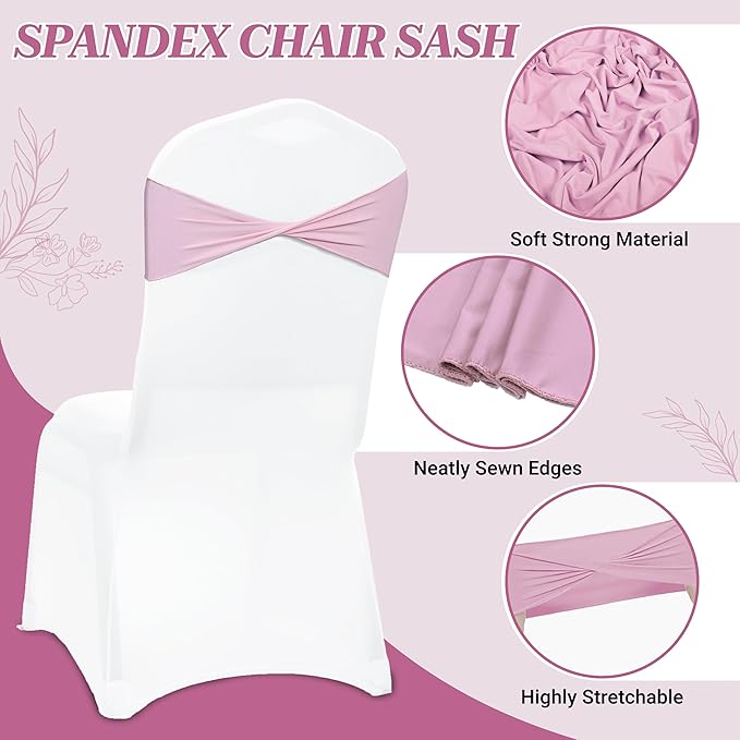 MDS Pack of 50 Spandex Chair Sashes Bows Elastic Stretch Dining Chair Bands Ties Without Slider Buckle Universal fits for Wedding Baby Shower Birthday Party Banquet Event Decoration - Blush Pink