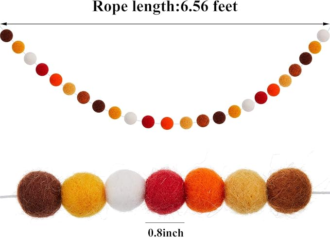 WILLBOND 3 Pieces Wool Felt Rainbow Ball Garland Colorful Pom Pom 6.5 ft Long 24 Ball Garland for Easter Mardi Gras Classroom Halloween Thanksgiving Xmas (Assorted Colors)