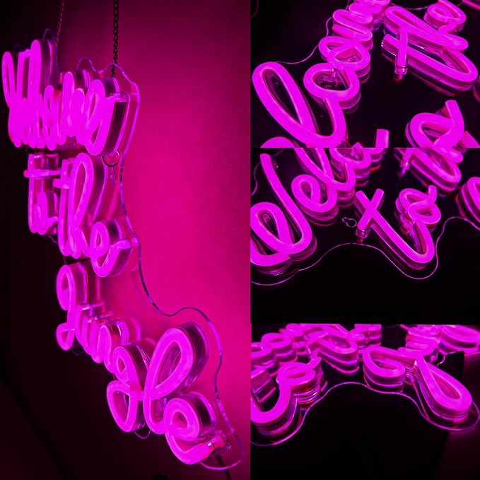 Welcome to the Jungle Neon Sign Pink Led Word Neon Light Signs for Wall Decor Usb Letter Light Up Sign for Bedroom Nursery Kids Room Garden Home Wedding Birthday Party Decorations Gifts