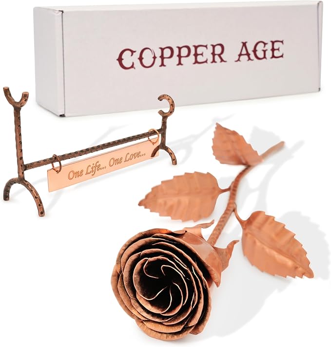 Personalized Copper Rose with Stand - Custom Engraved for 7th or 22nd Wedding - Handmade Solid Copper Flower - Unique Gift for Her or Him