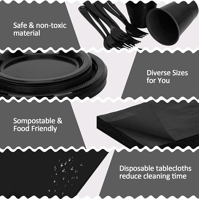 Black Plastic Plates for Party,100 Guest - 7&9inch Plates,Napkins,Forks,Cups & Tablecloths,Disposable Party Supplies for for Birthday,Halloween,Christmas Parties, Graduations