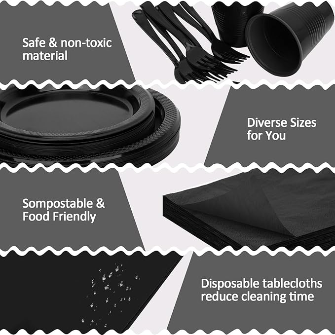 Black Plastic Plates for Party,50 Guest Disposable Plastic Plate Set 9" Plates,7" Dessert Plates,Napkins,Cups,Forks & Tablecloth for Birthday,Halloween,Christmas Parties,Graduations
