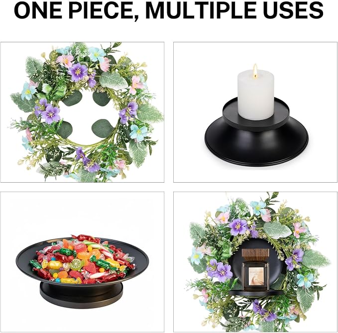 MOYEE Summer Centerpieces for Tables Candle Ring, Black Metal Candlestick with an Artificial Wreaths 14 in Versatile Dining Table Centerpiece Decor (Blue and Purple Flower Wreath)