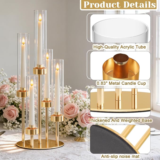 5-Arm Black Metal Table Candelabra Centerpiece, 22" Tall Clear Candlesticks Holder with Shade for Valentines Day Events Party Table Centerpiece,Fit LED Candles (2, Gold, S-22 in)