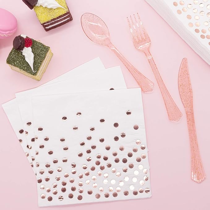 Partylamb White & Rose Gold Party Supplies, 350PCS Disposable Dinnerware Set with Plates Napkins Cups Forks Knives Spoons for Girl Women Birthday Baby Bridal Shower Graduation Wedding Party Decoration