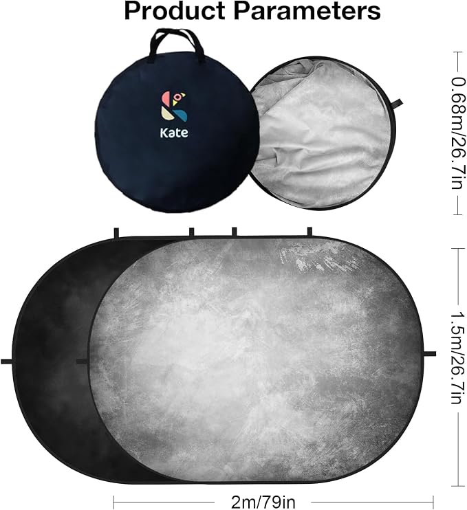 Kate 5x6.5ft(1.5x2m) Collapsible Backdrop Folded Microfiber Professional Grey and Black Double-Sided Pop up Collapsible Background for Photography