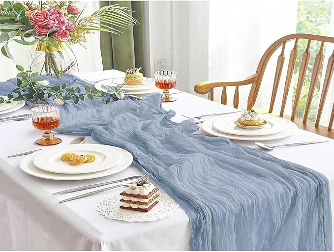 10 Pack Dusty Blue Cheesecloth Table Runner 10FT Boho Gauze Fabric Cheese Cloth Table Runners for Wedding ,Party,Baby Shower, Bridal Party, Rustic Farmhouse and Table Decorations