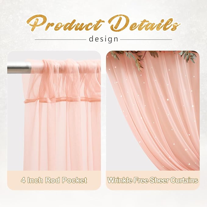10x8ft Peach Tulle Backdrop Curtain with Lights String for Parites, Sheer Photo Backdrop Curtains with Lights for Wedding Backdrop Ceremony Reception Bridal Shower Baby Shower Birthday Party