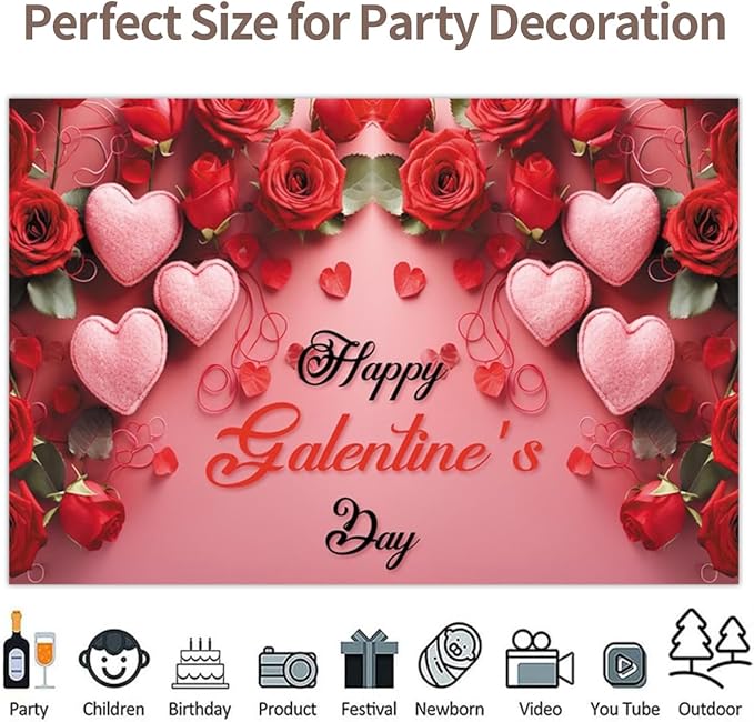 5x3ft Vinyl Happy Galentine's Day Backdrop Red Pink Rose Heart Background Friends Valentines Photography Props Party Decorations