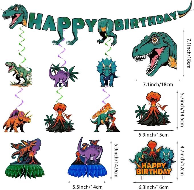 185PCS Dinosaur Birthday Party Decorations, Dinosaur Party Supplies Plates and Napkins Set, Dino Tableware, Banner, Hanging Swirls, Tablecloth, Cake Cupcake Topper, Ballons Cutlery Sets