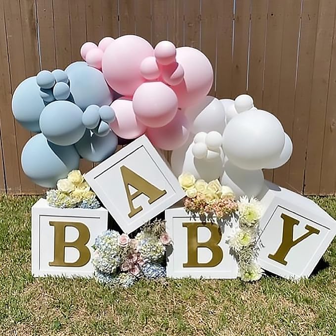 Baby Shower Boxes Party Decorations - 4pcs Stereoscopic White Gold Boxes with Gold Baby+A-Z Letters,Babe Balloon Party Box Blocks for Teddy Bear BabyShower,Boy Girl 1st Birthday Parties Backdrop