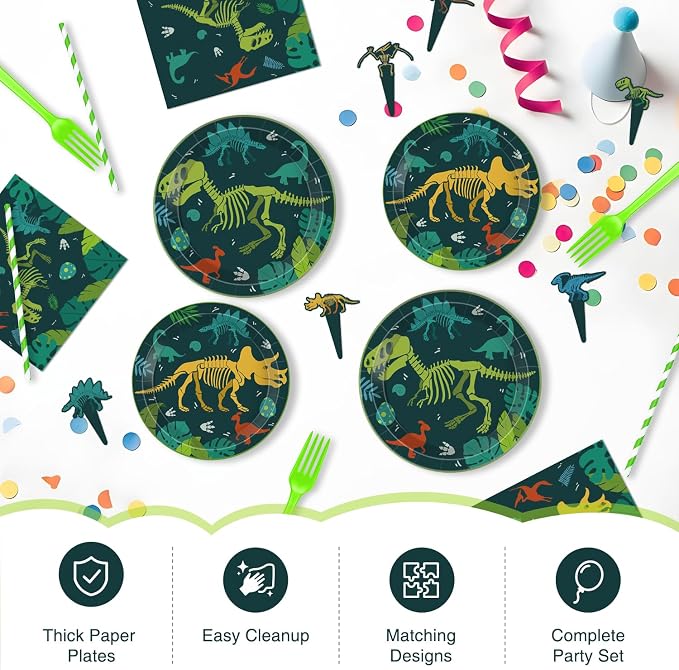 Dinosaur Birthday Decorations, Dino Party Supplies Set for Kids | Hand-Drawn Dinosaur Theme, Complete Party Kit, Easy Birthday Setup, Photo-Ready Backdrop